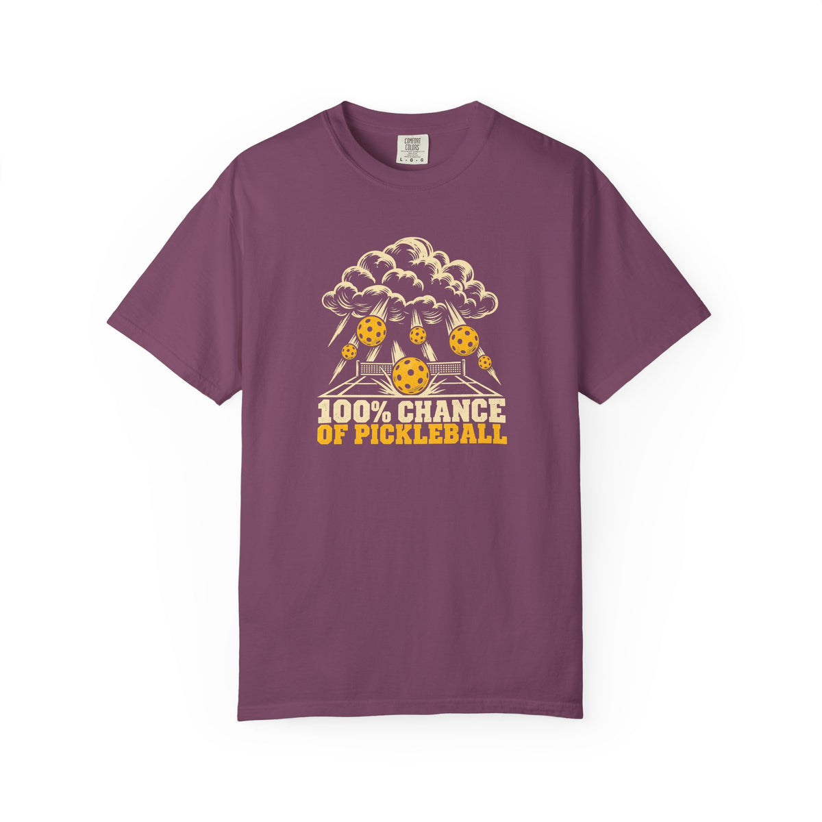 Berry colored Chance Of Pickleball t-shirt with weather-forecast-inspired graphic and yellow retro lettering.