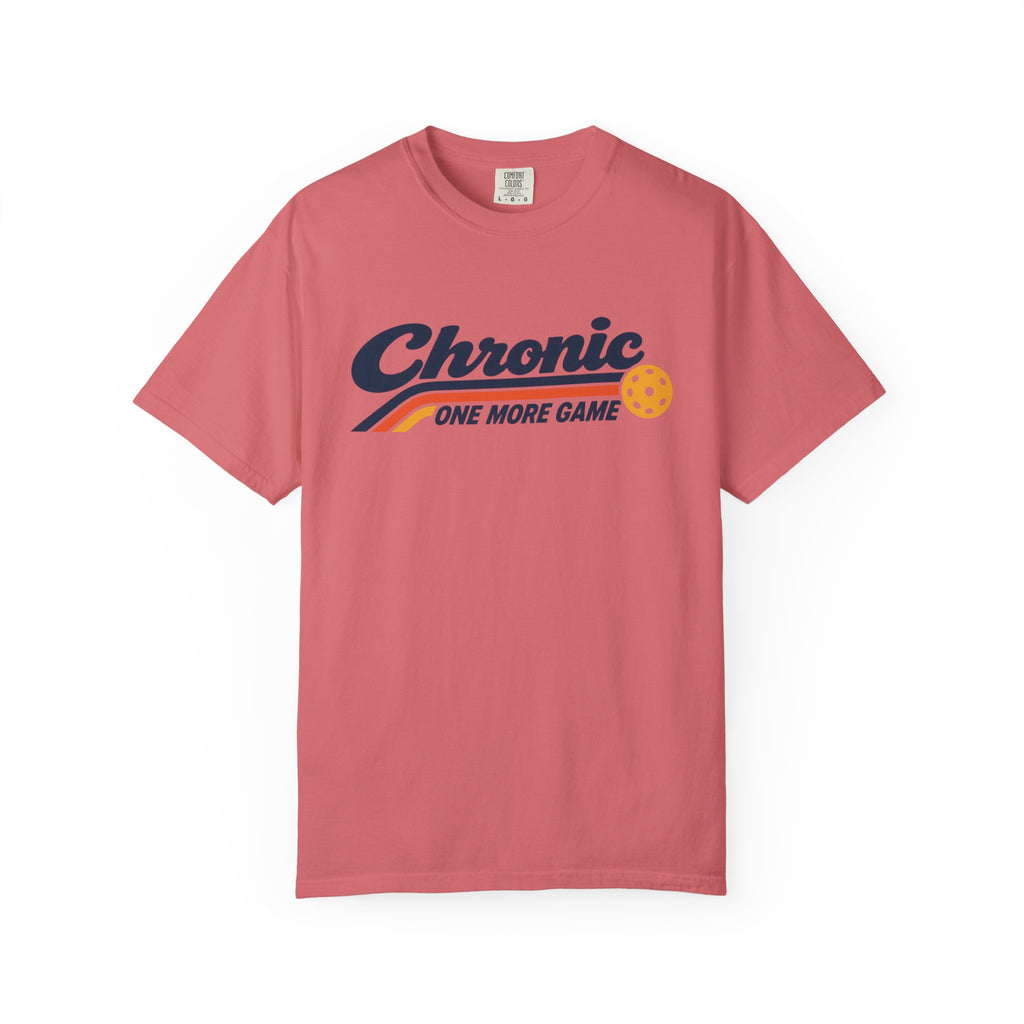 Watermelon colored Chronic Retro pickleball t-shirt with vintage script lettering and multicolor retro stripe.
