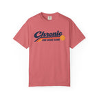 Watermelon colored Chronic Retro pickleball t-shirt with vintage script lettering and multicolor retro stripe.