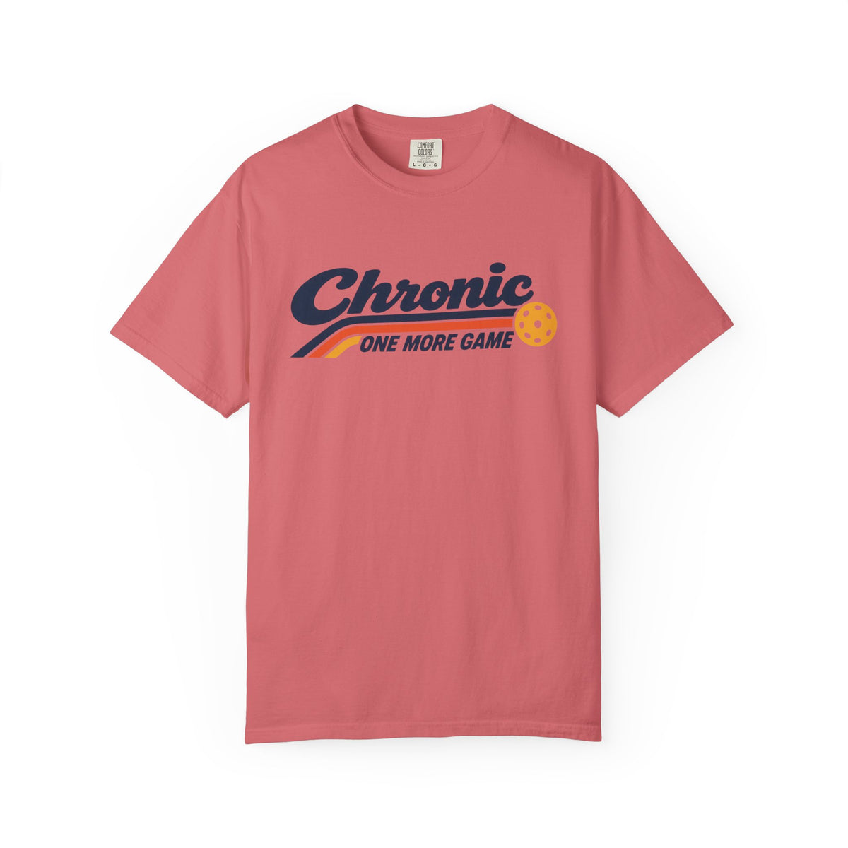 Watermelon colored Chronic Retro pickleball t-shirt with vintage script lettering and multicolor retro stripe.
