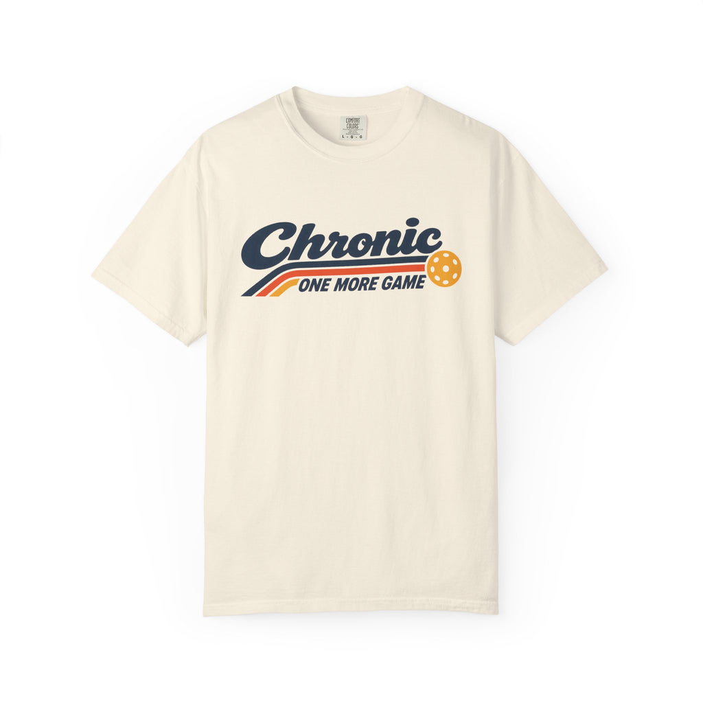 Ivory colored Chronic Retro pickleball t-shirt with vintage script lettering and multicolor retro stripe.