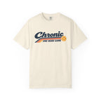 Ivory colored Chronic Retro pickleball t-shirt with vintage script lettering and multicolor retro stripe.
