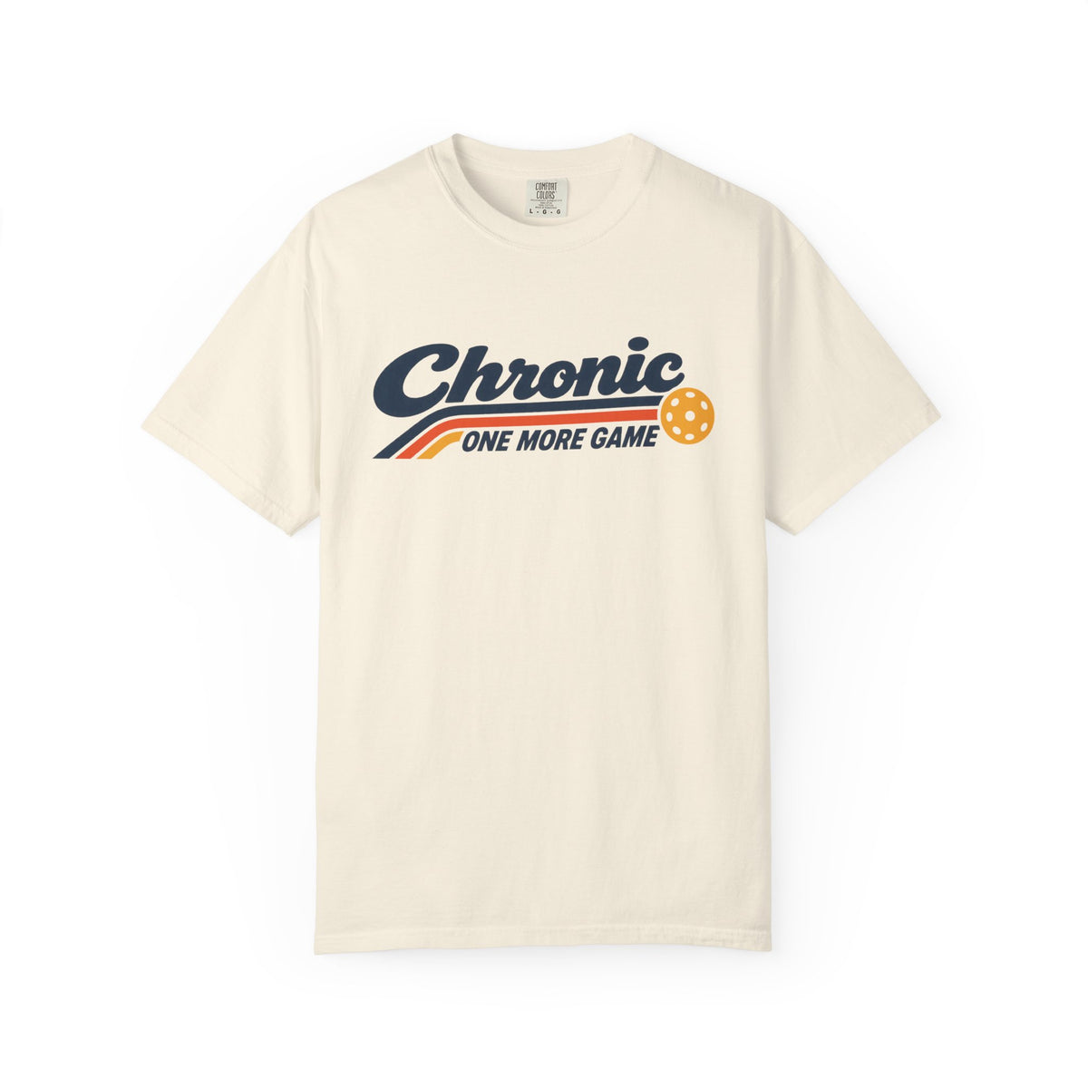 Ivory colored Chronic Retro pickleball t-shirt with vintage script lettering and multicolor retro stripe.