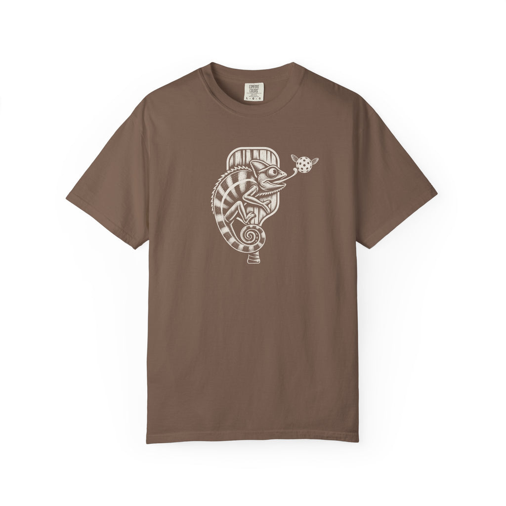 Espresso colored Pickleball Chameleon pickleball t-shirt with detailed chameleon and paddle-themed graphic.