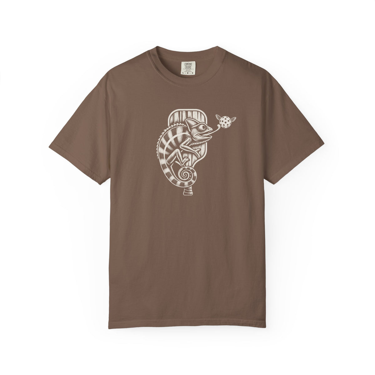 Espresso colored Pickleball Chameleon pickleball t-shirt with detailed chameleon and paddle-themed graphic.