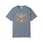 Blue-gray colored Pickleball Eagle t-shirt with eagle emblem, spread wings, and pickleball-themed details.