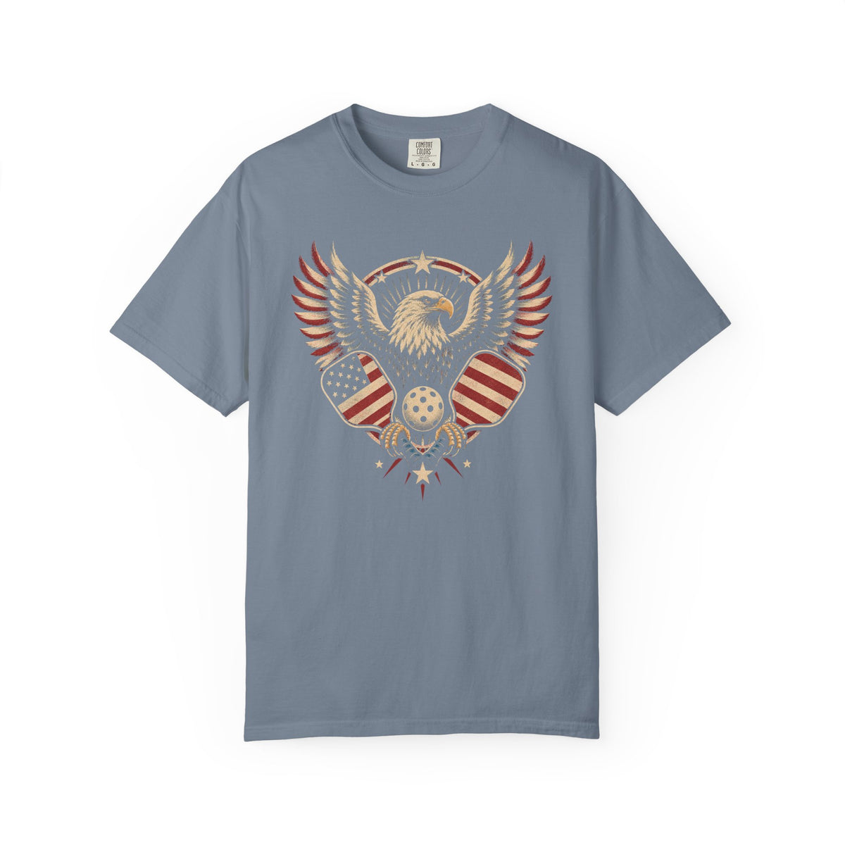 Blue-gray colored Pickleball Eagle t-shirt with eagle emblem, spread wings, and pickleball-themed details.