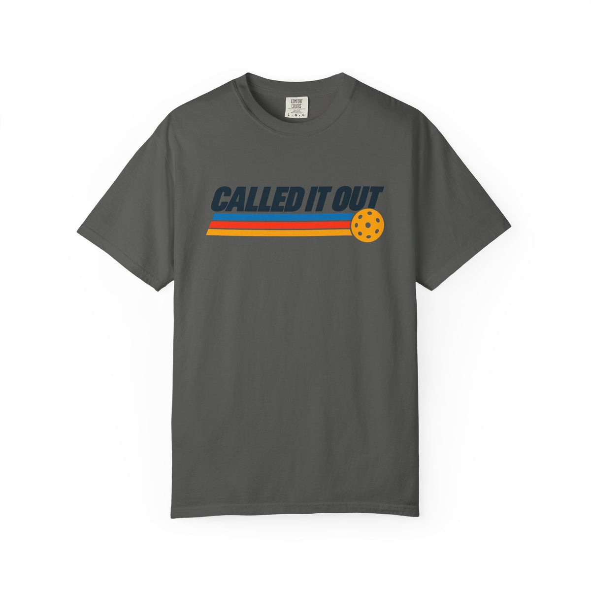 Pepper colored Called It Out pickleball t-shirt with bold retro lettering and yellow pickleball accent.