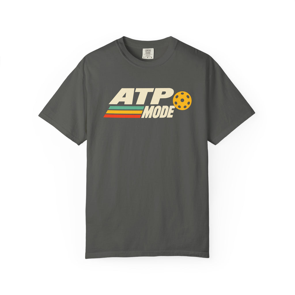 Pepper colored Retro ATP pickleball t-shirt with bold ATP lettering, retro speed stripes, and yellow pickleball accent.