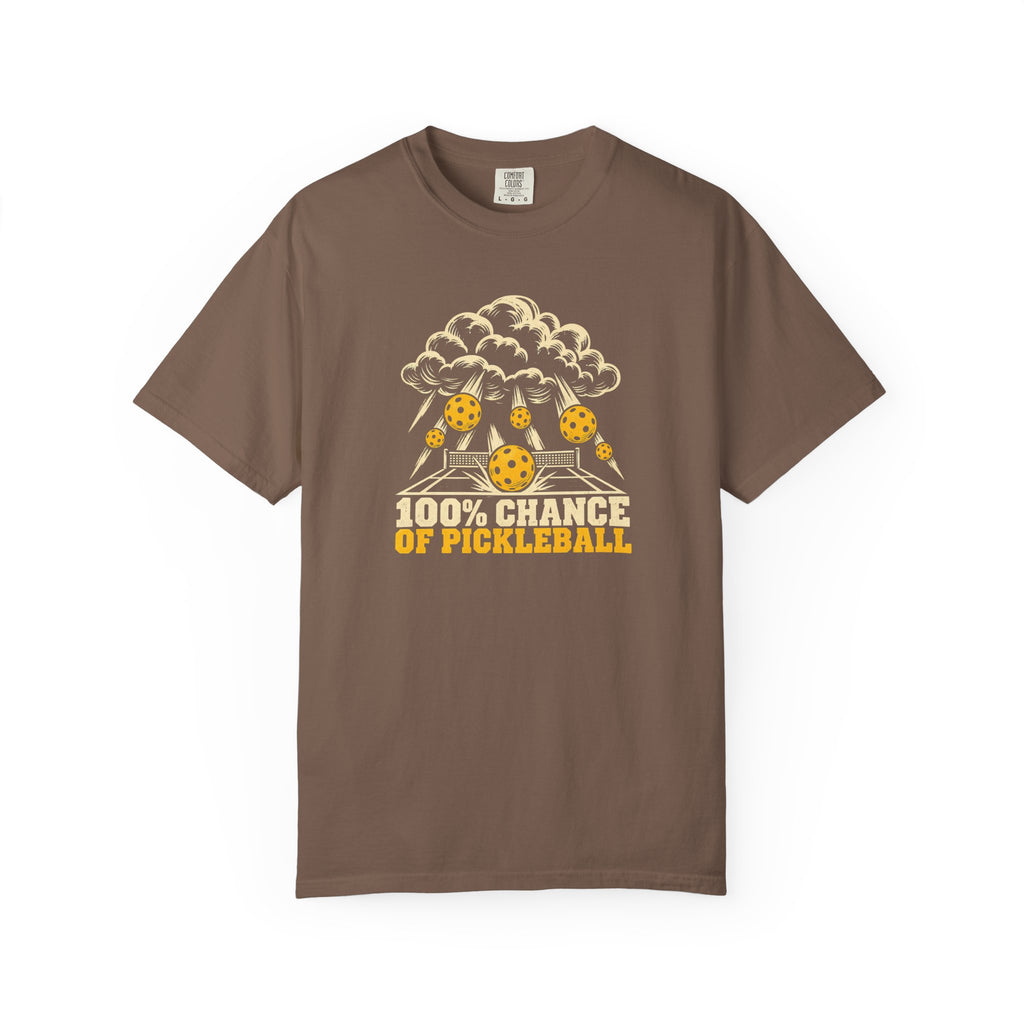Espresso colored Chance Of Pickleball t-shirt with weather-forecast-inspired graphic and yellow retro lettering.