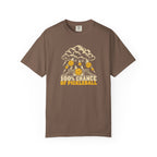 Espresso colored Chance Of Pickleball t-shirt with weather-forecast-inspired graphic and yellow retro lettering.