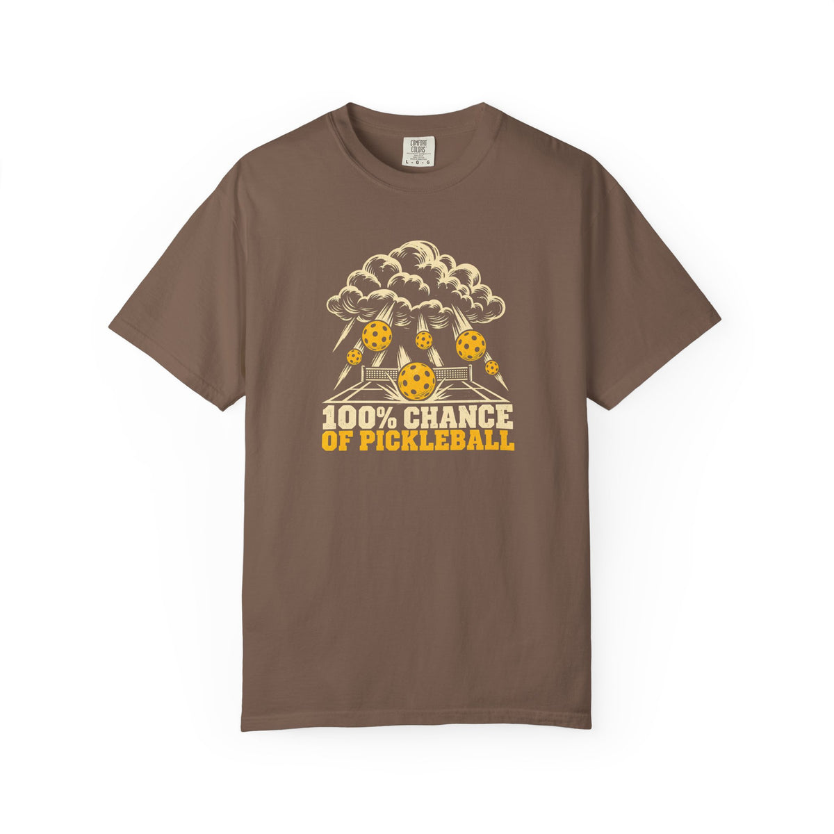 Espresso colored Chance Of Pickleball t-shirt with weather-forecast-inspired graphic and yellow retro lettering.