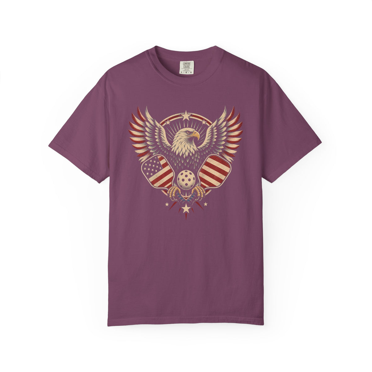 Berry colored Pickleball Eagle t-shirt with eagle emblem, spread wings, and pickleball-themed details.