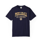 Navy colored Pickleball On Repeat pickleball t-shirt with warm retro varsity-style typography.