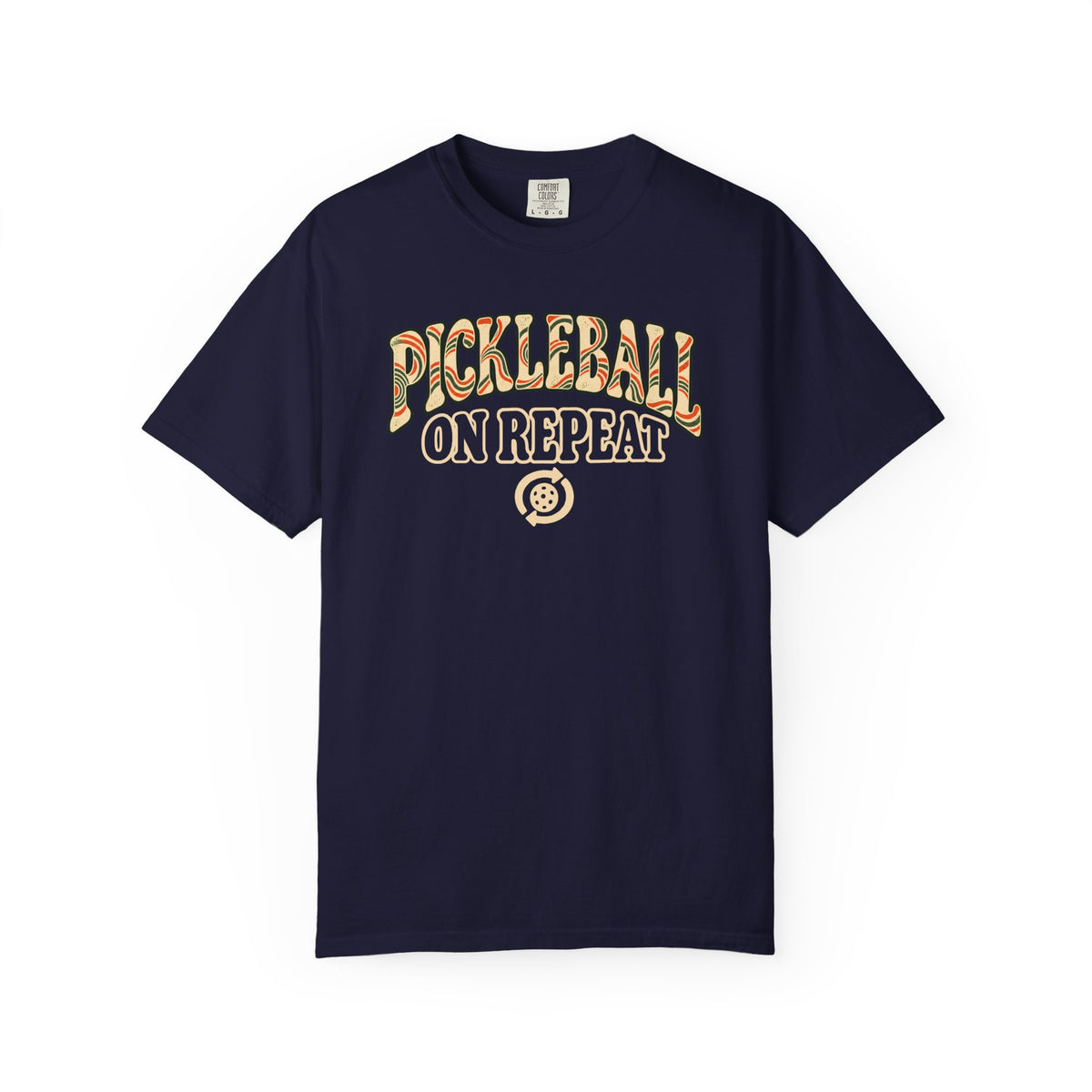 Navy colored Pickleball On Repeat pickleball t-shirt with warm retro varsity-style typography.