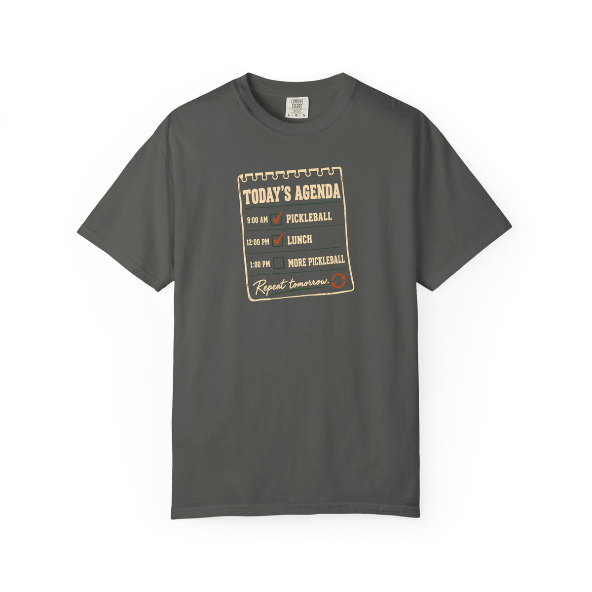 Pepper colored Today's Agenda pickleball t-shirt with framed checklist-style pickleball graphic and vintage typography.