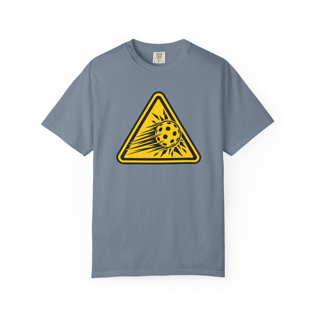 Blue Jean colored Caution High Speed pickleball T-shirt with yellow speeding pickleball warning graphic