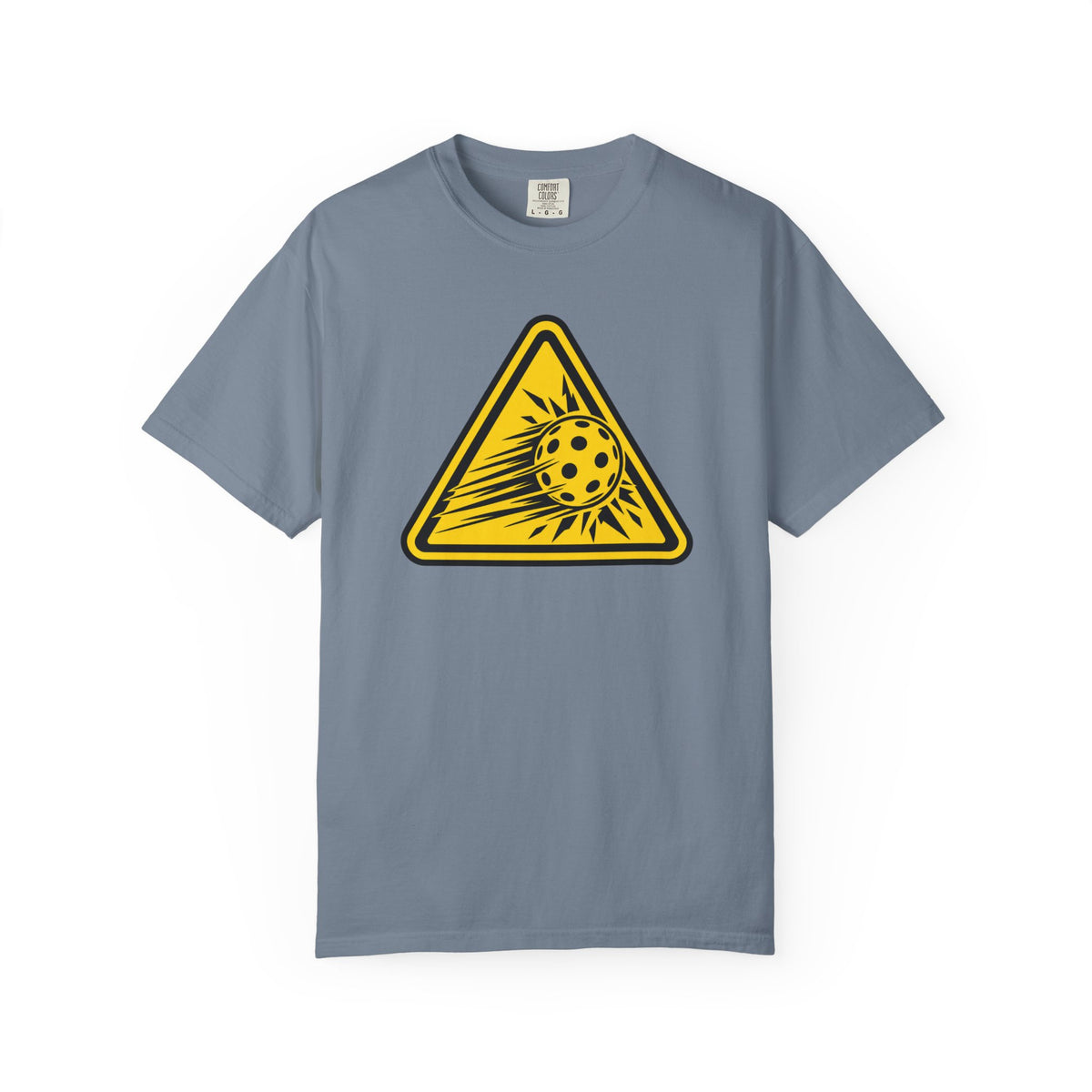 Blue Jean colored Caution High Speed pickleball T-shirt with yellow speeding pickleball warning graphic