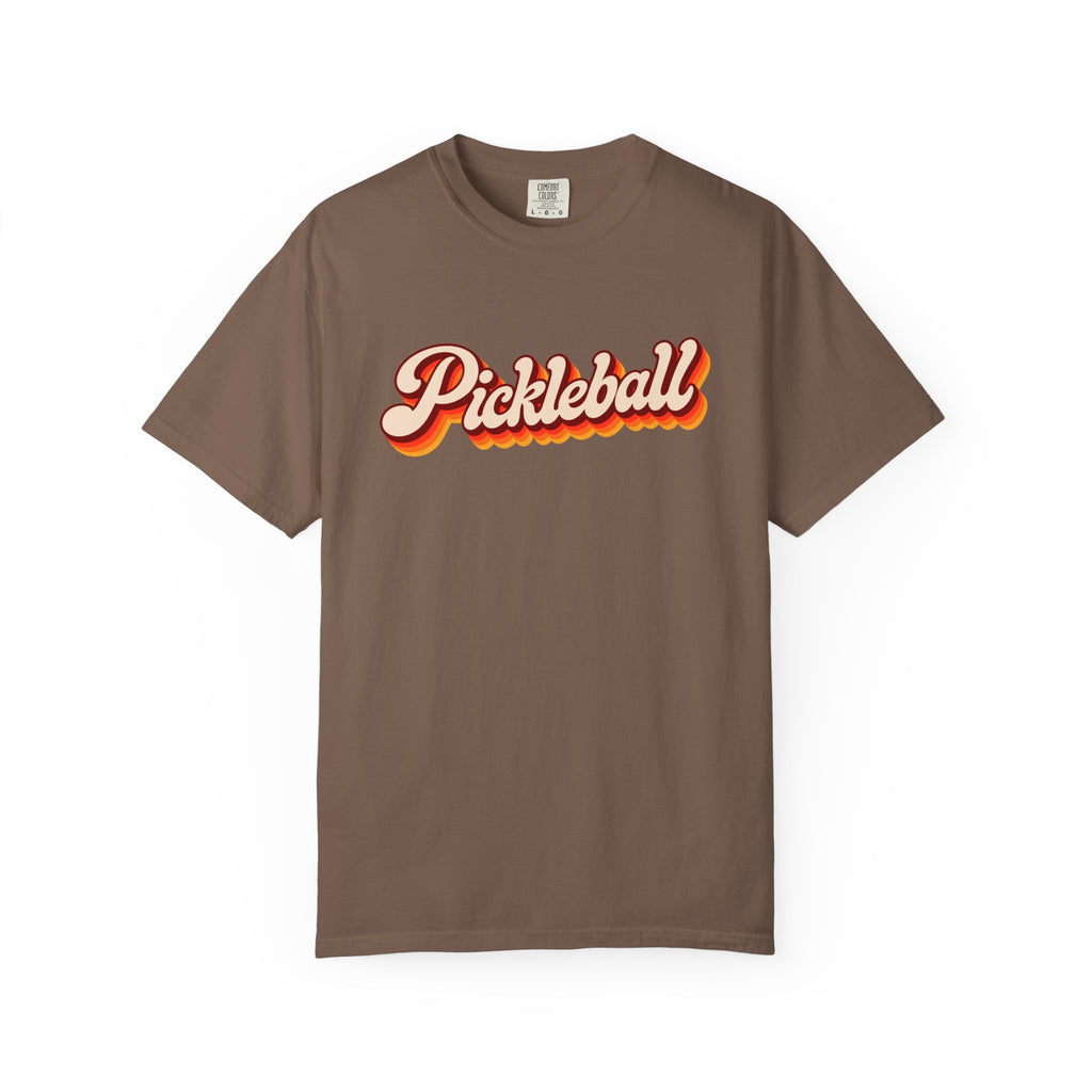 Espresso colored Pickleball t-shirt with simple retro script lettering and vintage underline detail.