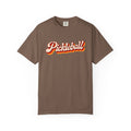 Espresso colored Pickleball t-shirt with simple retro script lettering and vintage underline detail.