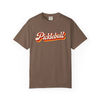 Espresso colored Pickleball t-shirt with simple retro script lettering and vintage underline detail.