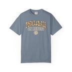Blue-gray colored Pickleball On Repeat pickleball t-shirt with warm retro varsity-style typography.