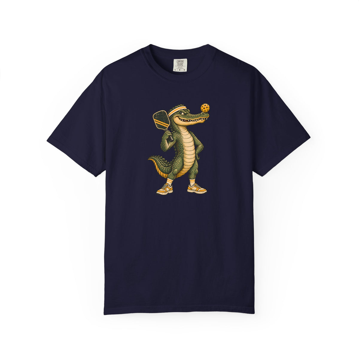 Navy colored Pickleball Gator pickleball t-shirt with cartoon alligator player holding a paddle.