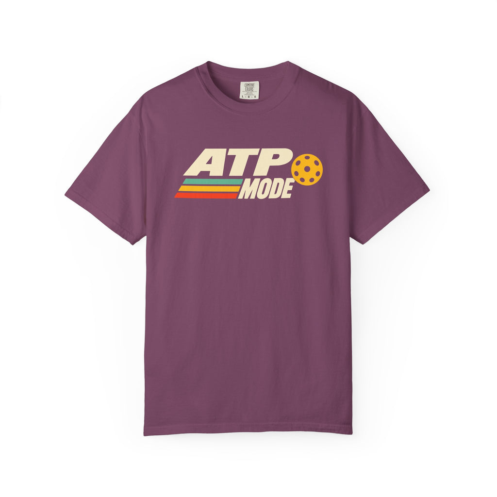 Berry colored Retro ATP pickleball t-shirt with bold ATP lettering, retro speed stripes, and yellow pickleball accent.