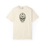 Ivory colored Pickleball Skull t-shirt with skull illustration featuring perforated pickleball details.