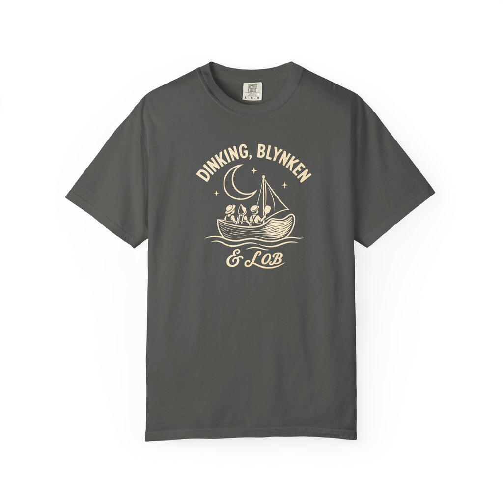 Pepper colored Dinking, Blynken & Lob pickleball t-shirt with vintage moon-themed illustration and curved lettering.
