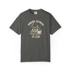 Pepper colored Dinking, Blynken & Lob pickleball t-shirt with vintage moon-themed illustration and curved lettering.