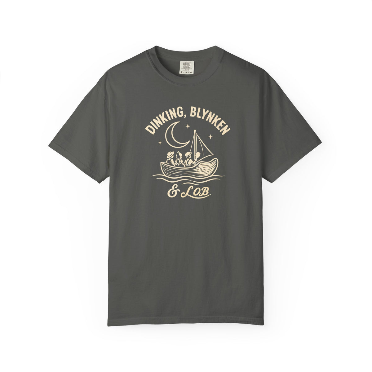 Pepper colored Dinking, Blynken & Lob pickleball t-shirt with vintage moon-themed illustration and curved lettering.