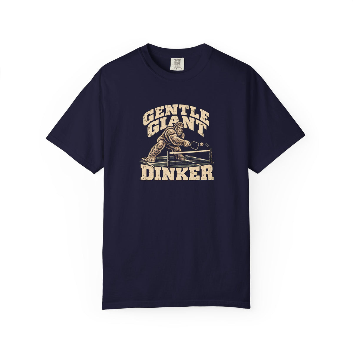 Navy colored Gentle Giant pickleball t-shirt with distressed cream vintage typography.