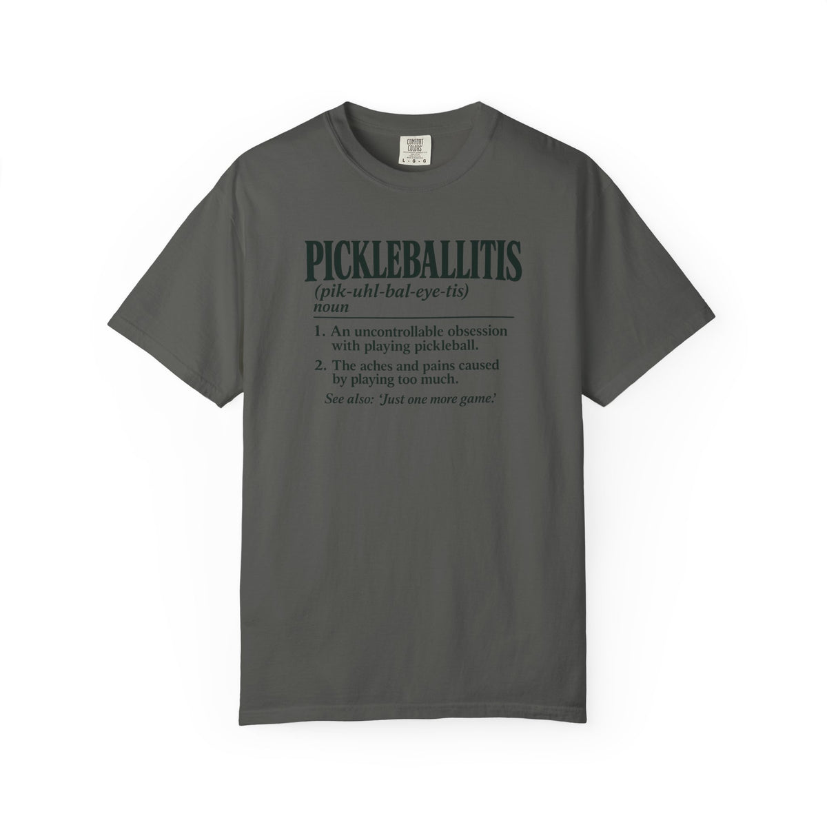 Pepper colored Pickleballitis pickleball t-shirt with dictionary-style diagnosis typography and humorous definition.