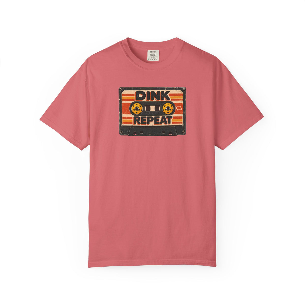 Watermelon colored Dink. Repeat. pickleball t-shirt with orange-and-black retro badge-style typography.