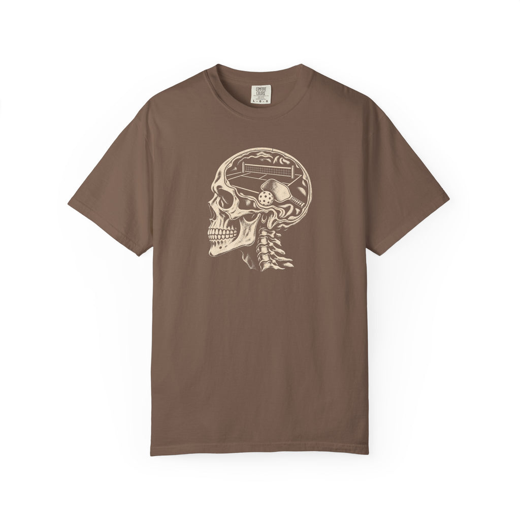 Espresso colored Pickleball On The Brain t-shirt with skull illustration and pickleball-themed head graphic.
