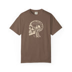 Espresso colored Pickleball On The Brain t-shirt with skull illustration and pickleball-themed head graphic.