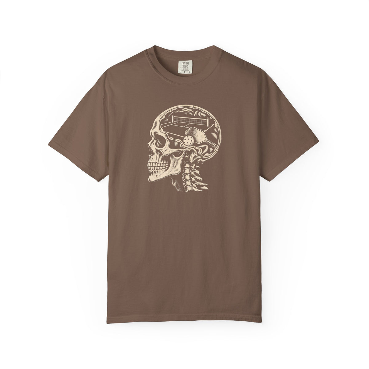 Espresso colored Pickleball On The Brain t-shirt with skull illustration and pickleball-themed head graphic.