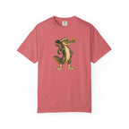 Watermelon colored Pickleball Gator pickleball t-shirt with cartoon alligator player holding a paddle.
