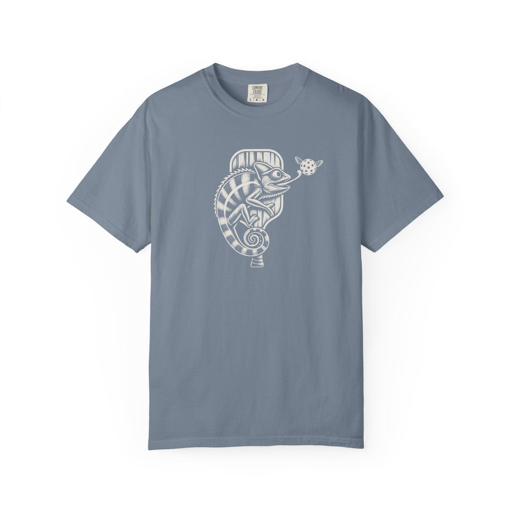 Blue-gray colored Pickleball Chameleon pickleball t-shirt with detailed chameleon and paddle-themed graphic.