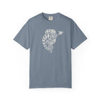 Blue-gray colored Pickleball Chameleon pickleball t-shirt with detailed chameleon and paddle-themed graphic.