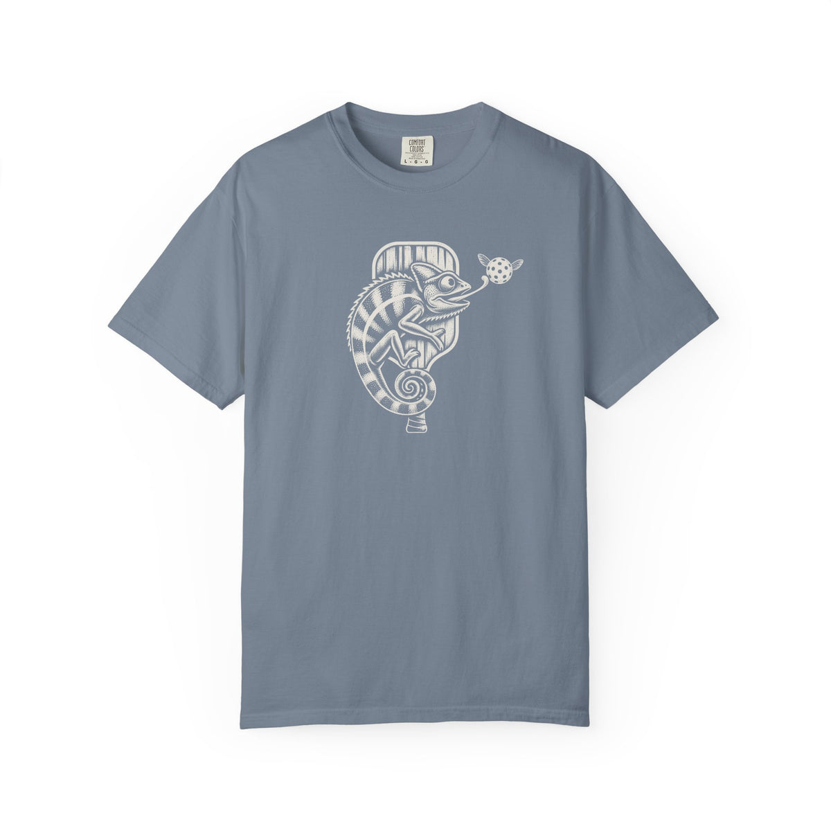 Blue-gray colored Pickleball Chameleon pickleball t-shirt with detailed chameleon and paddle-themed graphic.