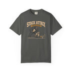 Pepper colored Stack Attack pickleball t-shirt with distressed cream lettering and pickleball strategy graphic.