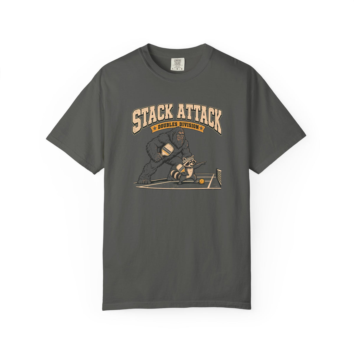 Pepper colored Stack Attack pickleball t-shirt with distressed cream lettering and pickleball strategy graphic.