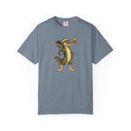 Blue-gray colored Pickleball Gator pickleball t-shirt with cartoon alligator player holding a paddle.